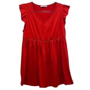 Ces Femme Ruffle V Neck Red Cottagecore Fairy Empire Waist Babydoll Tunic Sz M